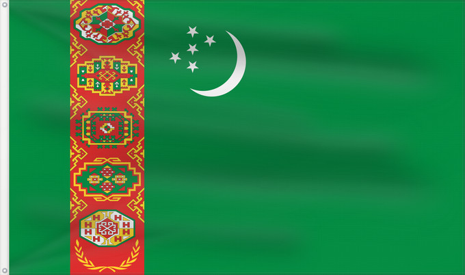 Bandera, con dos ojales metálicos y lado del asta reforzado: Turkmenistan	Turkmenistan !Turkménistan	Turkmenistán