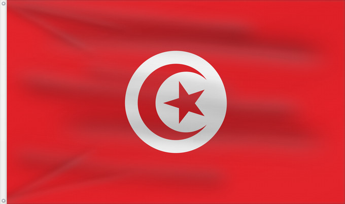 Drapeau, avec deux œillets métalliques et guindant renforcé : Tunisia Tunisie Túnez Tunesien Tunesië علم تونس তিউনিসিয়ার পতাকা। Tunísia Флаг Туниса Tunizije ⴰⵛⴻⵏⵢⴰⵍ ⵏ ⵜⵓⵏⴻⵙ