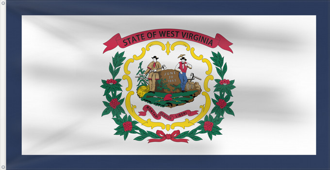 Flagge, mit zwei Metallösen und verstärktem Besatzband: West Virginia Virginie-Occidentale Virginia Occidental Virginia Occidentale ᏫᏍᎧᏂᏏᏂ ᎦᏓᏘ Wilikinia Komohana Virginia Occidentalis Eʼeʼaahjí Bijiniyah Hahoodzo bidah naatʼaʼí Wescht Wirschini Флаг Западной Виргинии Застава Западне Вирџиније