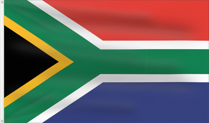 Bandiera, con due occhielli metallici e lato dell'asta rinforzato: South Africa Afrique du Sud Sudáfrica Südafrika Sudafrica South África Used color National flag | South African Government and Pantone Color Picker green rendered as RGB 000 119 073Pantone 3415 C yellow rendered as RGB 255 184 028Pantone 1235 C