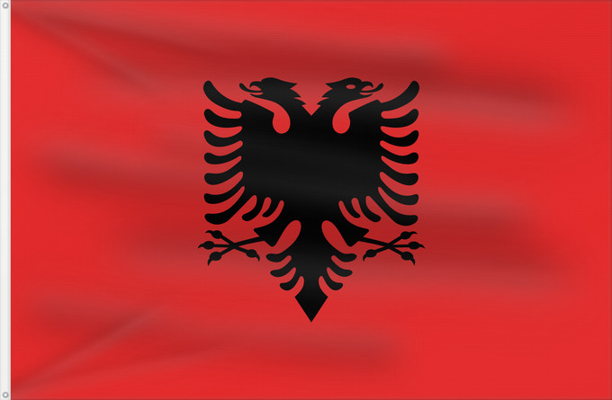 Bandera, con dos ojales metálicos y lado del asta reforzado: Albania	L Albanie	Albanien	Dell Albania	علم ألبانيا	Albanije	Σημαία της Αλβανίας	Albanio	Albanian	Drapél de l’Albanie	Albánia	Ala Albanyayê	Albaniae	Albanesche Fändel	Знаме на Албанија	Albaniei	Флаг Албании	S Albania	Bannera di Albanìa	Albánska	I Shqipëri