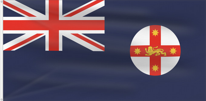 Bandera, con dos ojales metálicos y lado del asta reforzado: New South Wales	And government ensign  internal waters only  of New South Wales	Nouvelle-Galles du Sud	Nueva Gales del Sur	New South Wale	Nuovo Galles del Sud
