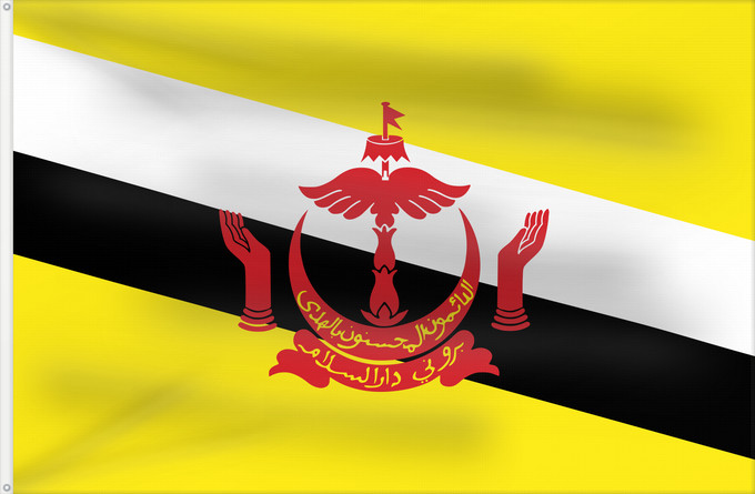 Bandera, con dos ojales metálicos y lado del asta reforzado: Brunei Brunei Darussalam Brunéi علم بروناي Bruneis Brunein 브루나이의 국기 Bruney Brunei / بنديرا بروني ဘရူနိုင်းနိုင်ငံ၏ အလံတော် Флаг Брунея Bruneja புரூணை கொடி ธงชาติบรูไนดารุสซาลาม Watawat Brunay Cờ Brunei 文莱国旗