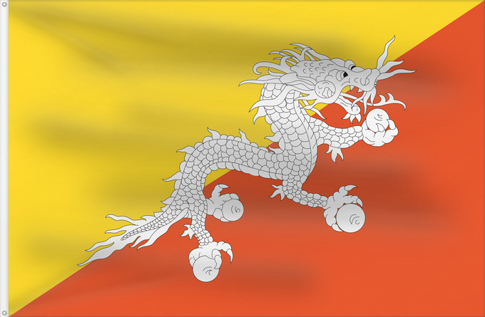 Bandera, con dos ojales metálicos y lado del asta reforzado: Bhutan Bhoutan Bután Butão علم بوتان ভূটানের পতাকা ཧྥ་རན་ས་ཀྱི་དར་ཆ། Bhutani lipp Bhutanin Watawat ng Bhutan भूटान का ध्वज Флаг Бутана Butana Bhutans Bhutanu ธงชาติ ประเทศภูฏาน