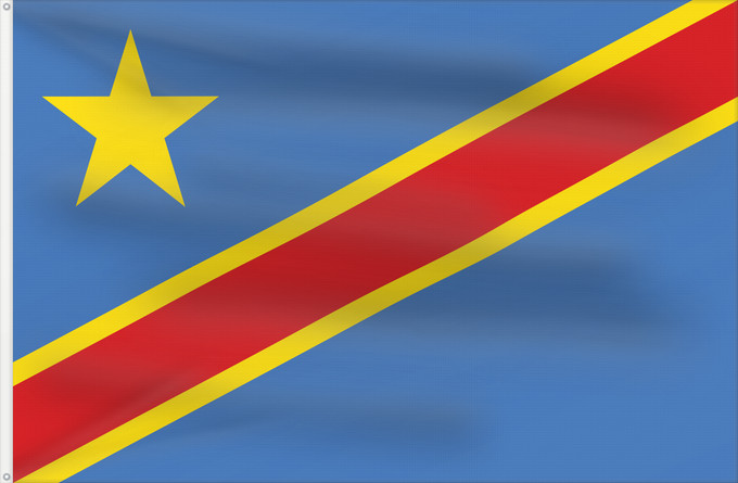 Bandera, con dos ojales metálicos y lado del asta reforzado: Democratic Republic of the Congo The national flag of the Democratic Republic of the Congo La République démocratique du Congo Rep. Dem. del Congo Demokratischen Republik Kongo Repubblica Democratica del Congo Democratische Republiek Congo علم جمهورية الك
