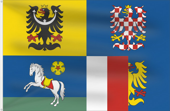 Bandera, con dos ojales metálicos y lado del asta reforzado: Moravian-Silesian Region	Région de Moravie-Silésie	Región de Moravia-Silesia	Moravian-Silesian	Moravskoslezského kraje čtvrcený list v horním žerďovém žlutém poli slezská orlice v dolním žerďovém modrém poli na zeleném trávníku