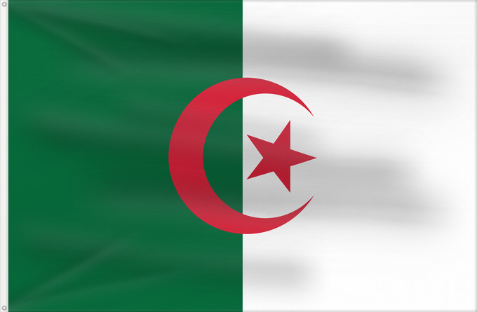 Bandera, con dos ojales metálicos y lado del asta reforzado: Algeria L Algérie Argelia Algerien Dell Algeria Algerije Argélia Algierii Vo Algérie علم الجزائر Σημαία της Αλγερίας Alĝerio Algerian דגל אלג יריה Algéria Aljazair アルジェリアの国旗 Asenǧaq n Dzayer 알제리의 국기 Drapèu d Argeria Флаг Алжира Alžirije Algeriets ⴰⵏⴰⵢ ⴰⴷⵣ