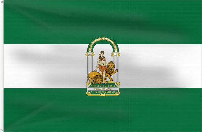 Bandera, con dos ojales metálicos y lado del asta reforzado: Andalucía	Autonomous Comunity of Andalusia  Spain	Andalusia	Comunidad Autónoma de Andalucía  España