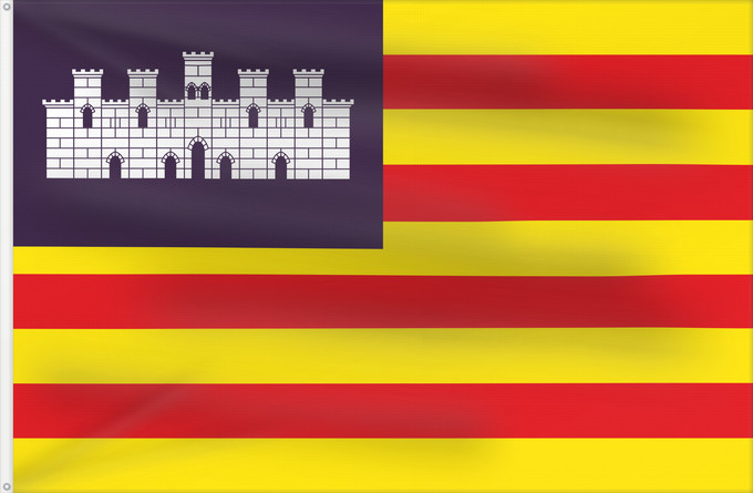 Drapeau, avec deux œillets métalliques et guindant renforcé : Balearic Islands	Balearic Islands, Spain	Îles Baléares, Espagne	Islas Baleares, España	Balearic Islands	Isole Baleari	Balearów, Hiszpania