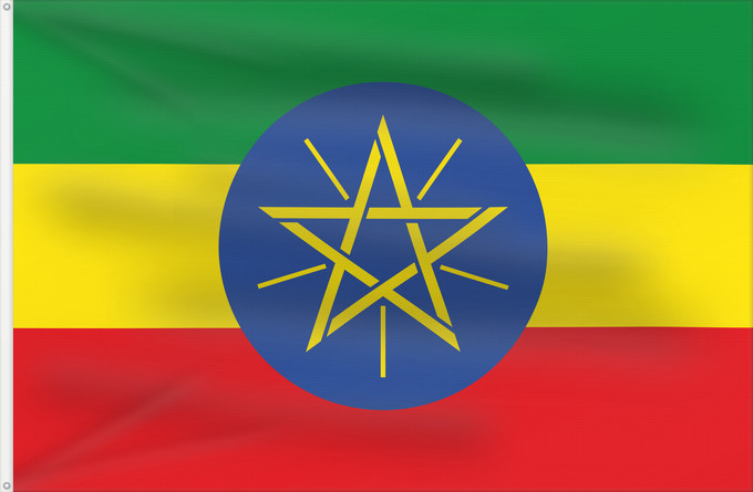 Flag, with two metal eyelets and reinforced hoist: Ethiopia Éthiopie Etiopía Äthiopien Dell Etiopia የኢትዮጵያ ሰንደቅ ዓላማ Etiopie Σημαία της Αιθιοπίας Alaabaa Itoophiyaa Itoobiya Etiopiens