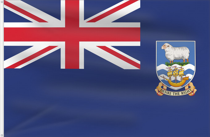 Bandera, con dos ojales metálicos y lado del asta reforzado: Falkland Islands British flag of the Falkland Islands Îles Malouines Islas Malvinas Falklandinseln Isole Malvine Ynysoedd y Falklands Ynysow Falkland Флаг Фолклендских островов
