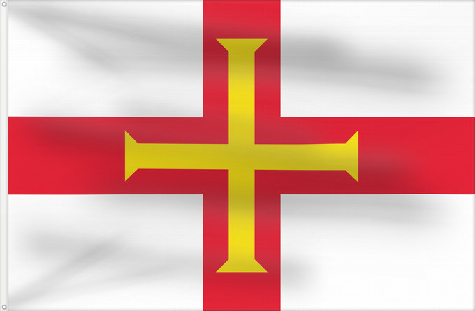 Bandera, con dos ojales metálicos y lado del asta reforzado: Guernsey	Guernesey	Guernsey (Kanalinsel)	Couleu de Guernési	Ynys y Garn