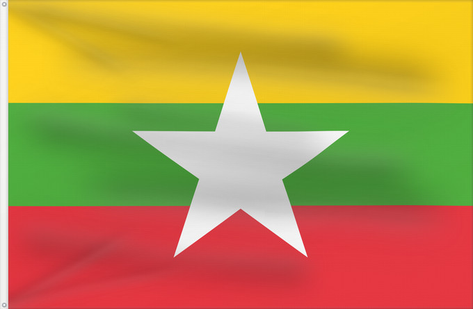 Flag, with two metal eyelets and reinforced hoist: Myanmar	Myanmar (Burma)	Birmanie	Es Birmania	Birmania	Myanmar  Birma	Mianmar	علم ماينمار	মায়ানমারের জাতীয় পতাকা	মায়ানমারর ফিরালহান	Myanmars flag  Tidligere Burma	Mjanmao	म्यान्मार का ध्वज	미얀마의 국기	Mianmaro	မြန်မာနိုင်ငံ အလံတော်	Флаг Мьянмы	Mjanmarska	Mj