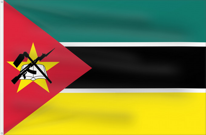 Bandera, con dos ojales metálicos y lado del asta reforzado: Mozambique	Mosambik	Mozambico	Moçambique	علم موزمبيق	Mozambiko	Mozambikas Republikas	Sainan i Maozambika	Флаг Мозамбика	Mozambika	Musaanbiiq	Moçambiques	Msumbiji