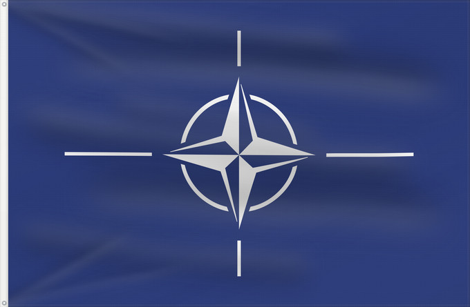 Flag, with two metal eyelets and reinforced hoist: NATO North Atlantic Treaty Organization NATO L Organisation du traité de l Atlantique nord OTAN Organización del Tratado del Atlántico Norte OTAN Organizazione/ North Atlantic Starts Treaty Dell Organizzazione del Trattato dell Atlantico del Nord NATO