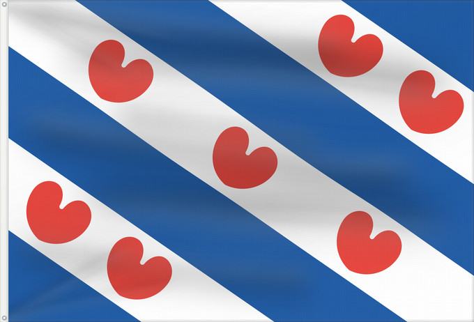 Bandera, con dos ojales metálicos y lado del asta reforzado: Frisian Dutch province of Friesland Frise Frisia Friesland De Friese vlag en het wapen hebben een gemeenschappelijke herkomst
