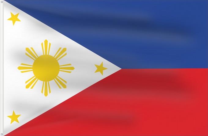 Flag, with two metal eyelets and reinforced hoist: Philippines The national flag of the Philippines Filipinas Philippinen Filippine Filipijnen علم فلبين An nasyunal na bandera kan Filipinas ফিলিপাইনের জাতীয় পতাকা Ang nasodnong bandera sa Pilipinas La nacia flago de la Filipinoj Wagayway ti Filipinas フィリピ