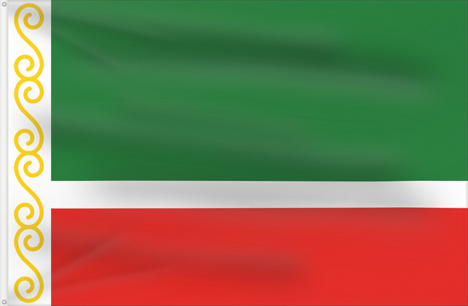 Flag, with two metal eyelets and reinforced hoist: Chechen Republic	Chechenia	Tschetschenische	Cecenia	Байракх Нохчийн Республикан	Флаг Чеченской Республики	Парчами Ҷумҳурии Чеченистон	Стяг Чеченської Республіки Російської Федерації