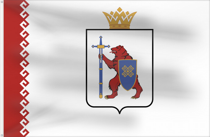 Bandera, con dos ojales metálicos y lado del asta reforzado: Mari El	République des Maris ou Mari El 	Mari-El (o Cheremia) 	Republik Mari El	Mari El Repubblica	Мари Эл ялавĕ	Марий Элын тистыже	Государственный флаг Республики Марий Эл