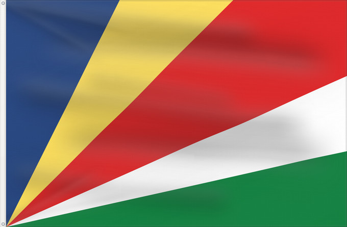 Bandera, con dos ojales metálicos y lado del asta reforzado: Seychelles Seychellen Das Seychelles የሲሸልስ ሰንደቅ ዓላማ علم سيشيل La Sejŝeloj Séiséil Sheiseall Seychellys Seisellensum Sainan i Seychelles Флаг Сейшельских Островов Sejšelov Shelisheli Quốc kỳ Seychelles