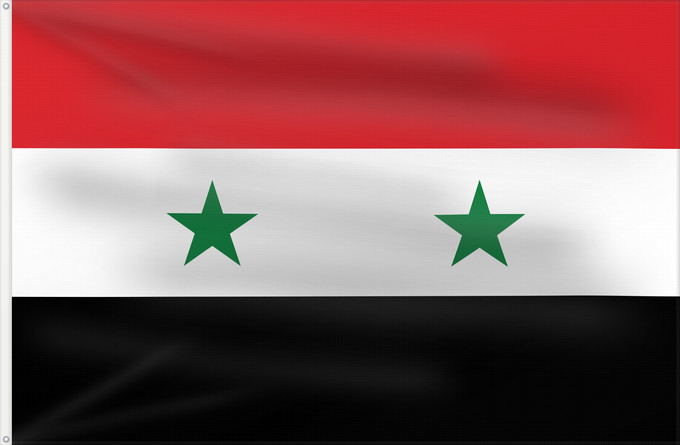 Flag, with two metal eyelets and reinforced hoist: Syria	It is easy to put a border around this flag image	Syrie	República Árabe Unida  1958-1961	Syrien	Siria	Zjednoczonej Republiki Arabskiej  1958-1961	علم الجمهورية العربية المتحدة ١٣٧٧-١٣٨٠	República Árabe Xunida  1958-1961	República Àrab Unida  1958-19