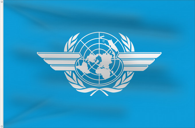 Bandera, con dos ojales metálicos y lado del asta reforzado: ICAO	International Civil Aviation Organization	L Organisation de l aviation civile internationale