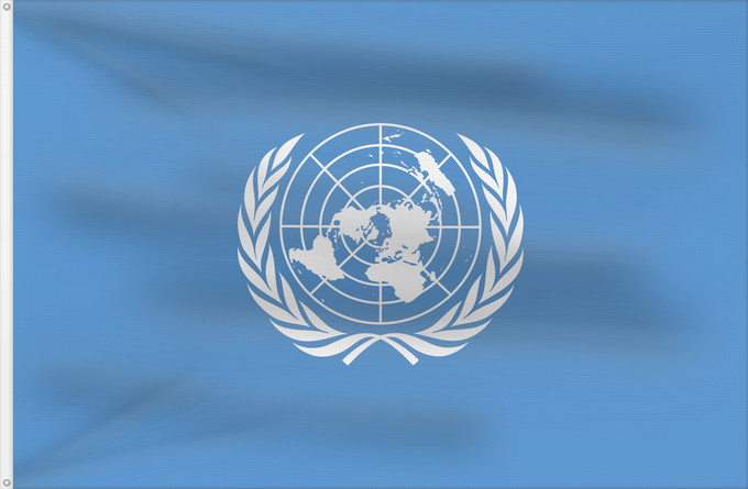Drapeau, avec deux œillets métalliques et guindant renforcé : United Nations	United Nations, UN	Nations unies	Naciones Unidas	Vereinten Nationen	Nazioni Unite, ONU	Verenigde Naties	Das nações unidas	Organizacji Narodów Zjednoczonych  ONZ	علم الأمم المتحدة	Сцяг Арганізацыі Аб яднаных Нацый	Сьцяг Арганізацыі Аб яднаны