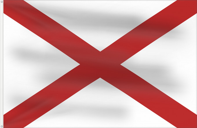 Bandiera, con due occhielli metallici e lato dell'asta rinforzato: Alabama	L Alabama	Dell Alabama	ᎠᎳᏆᎹ ᎦᏓᏘ	De l Alabama	Ka hae ‘Alapama	アラバマ州の旗	Alabamae	Élábéemah Hahoodzo bidah naatʼaʼí	Флаг Алабамы	Fu‘a o Alapama	Američke savezne države Alabame	الاباما کا پرچم