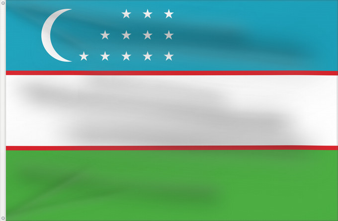 Bandera, con dos ojales metálicos y lado del asta reforzado: Uzbekistan	Ouzbékistan	República de Uzbekistán	Usbekistan	Repubblica dell Uzbekistan	Oezbekistan	Nacional da República do Uzbequistão	علم جمهورية أوزبكستان	Özbəkistan Respublikasının Dövlət	Дзяржаўны Сцяг Рэспублікі Ўзбекістан	Дзяржаўны Сьцяг Рэспублікі Ў