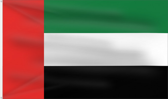Flag, with two metal eyelets and reinforced hoist: United Arab Emirates Émirats arabes unis Emiratos Árabes Unidos Vereinigten Arabischen Emirate Degli Emirati Arabi Uniti Verenigde Arabische Emiraten علم الإمارات العربية المتحدة ܐܬܐ ܕܐܡܝܪܘܬܐ ܥܪܒܝܬܐ ܚܕܝܬܐ ٴبىيرلاشمىيش ٴاراب امىيرلىيكلارىي بايراعى Spojenýc