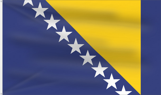 Drapeau, avec deux œillets métalliques et guindant renforcé : Bosnia and Herzegovina Bosnie-Herzégovine Bosnia y Herzegovina Bosnien und Herzegowina Bosnia-Erzegovina Bosnië en Herzegovina Bośni i Hercegowiny علم البوسنة والهرسك Bosne i Hercegovine Bosny a Hercegoviny Боснꙑ ꙁнамѧ / Ⰱⱁⱄⱀⱏⰺ ⰸⱀⰰⰿⱔ Bosnien-Hercegovinas