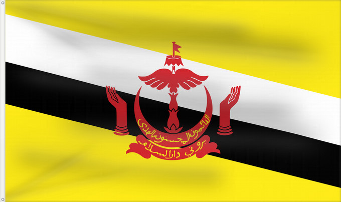 Drapeau, avec deux œillets métalliques et guindant renforcé : Brunei	Brunei Darussalam	Brunéi	علم بروناي	Bruneis	Brunein	브루나이의 국기	Bruney	Brunei / بنديرا بروني	ဘရူနိုင်းနိုင်ငံ၏ အလံတော်	Флаг Брунея	Bruneja	புரூணை கொடி	ธงชาติบรูไนดารุสซาลาม	Watawat Brunay	Cờ Brunei	​文莱国旗