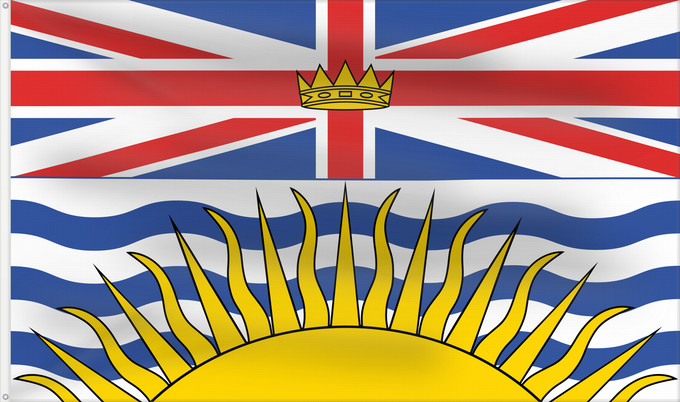 Bandiera, con due occhielli metallici e lato dell'asta rinforzato: British Columbia	Colombie-Britannique	Columbia Británica	Columbia Britannica	Banniel proviñs Kolombia Vreizhveuriat  British Columbia