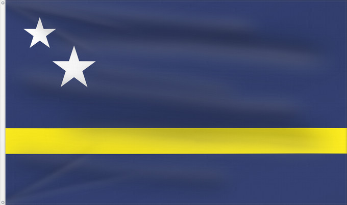 Bandera, con dos ojales metálicos y lado del asta reforzado: Curaçao	Curazao	Curacao	Curaçao is a blue field with a horizontal yellow stripe slightly below the midline and two white