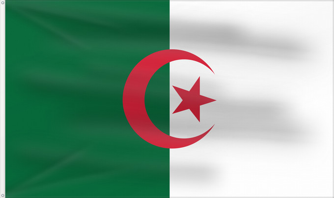 Bandera, con dos ojales metálicos y lado del asta reforzado: Algeria L Algérie Argelia Algerien Dell Algeria Algerije Argélia Algierii Vo Algérie علم الجزائر Σημαία της Αλγερίας Alĝerio Algerian דגל אלג יריה Algéria Aljazair アルジェリアの国旗 Asenǧaq n Dzayer 알제리의 국기 Drapèu d Argeria Флаг Алжира Alžirije Algeriets ⴰⵏⴰⵢ ⴰⴷⵣ