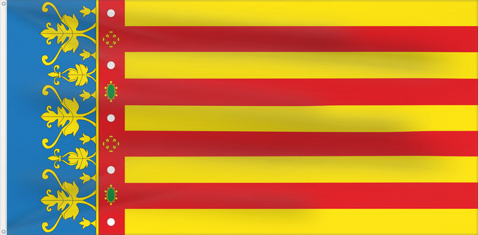Bandera, con dos ojales metálicos y lado del asta reforzado: Land of Valencia  official	Land of Valencia, 1 2 ratio	Valencia Community	Comunidad Valenciana, proporciones 1 2	Valencian Community	Comunità Valenciana	D o Comunidat Balenziana	Comunidá Valenciana	Comunitat Valenciana, proporcions 1 2	Valentziako Erkideg