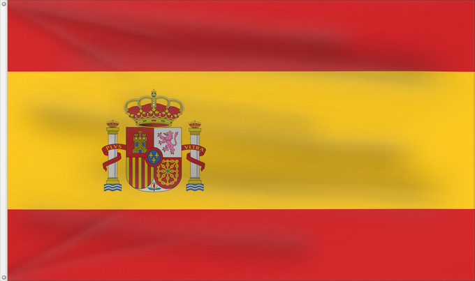 Bandera, con dos ojales metálicos y lado del asta reforzado: Spain	Espagne	España	Spaniens	Spagna