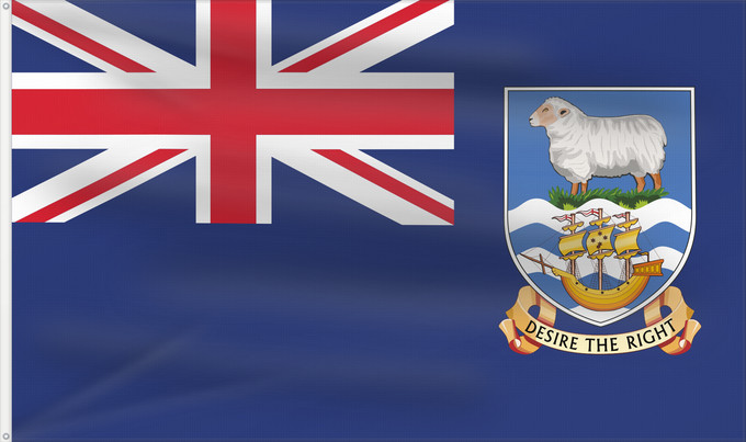Bandera, con dos ojales metálicos y lado del asta reforzado: Falkland Islands British flag of the Falkland Islands Îles Malouines Islas Malvinas Falklandinseln Isole Malvine Ynysoedd y Falklands Ynysow Falkland Флаг Фолклендских островов