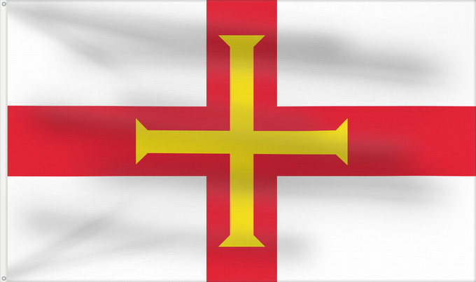 Bandera, con dos ojales metálicos y lado del asta reforzado: Guernsey	Guernesey	Guernsey (Kanalinsel)	Couleu de Guernési	Ynys y Garn