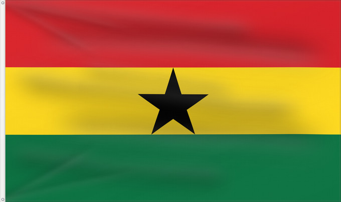 Bandera, con dos ojales metálicos y lado del asta reforzado: Ghana	علم غانا	Ganao	Ghanan	Ghána	Ghàna	Ndi Ghana	가나의 국기	Ghanas	Raaya bu Gana	Àsìá ilẹ̀ Ghana