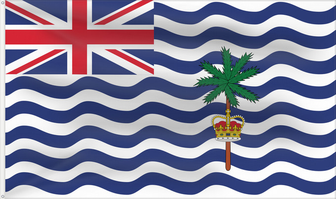 Drapeau, avec deux œillets métalliques et guindant renforcé : Commissioner of the British Indian Ocean Territory	British Indian Ocean Territory	Territoire britannique de l océan Indien	Territorio Británico del Océano Índico	Britisches Territorium im Indischen Ozean	Territorio Britannico dell Oceano Indiano	Bryttisca