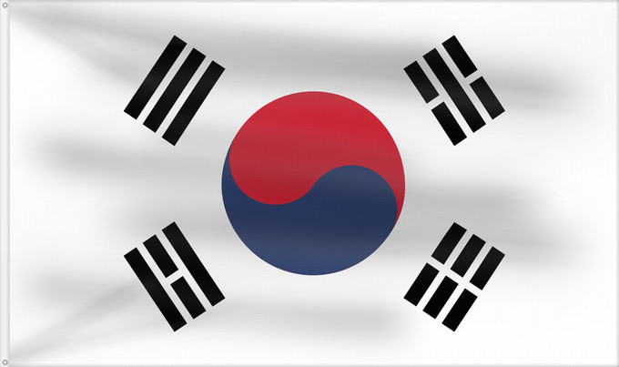 Bandera, con dos ojales metálicos y lado del asta reforzado: South Korea	Republic of Korea  South Korea	Corée du Sud	Corea del Sur	Südkoreas	Corea del Sud	Zuid-Korea	Coreia do Sul	Korei Południowej	علم كوريا الجنوبية  جمهورية كوريا	Cənubi Koreya	দক্ষিণ কোরিয়ার পতাকা	ལྷོ་ཀོ་རི་ཡ། དར་ཆ།	Južne Koreje	​大韓民國國旗 / Dâi-hà