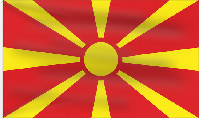 Bandera, con dos ojales metálicos y lado del asta reforzado: Macedonia	Republic of Macedonia	République de Macédoine	República de Macedonia	Republik Mazedonien	Repubblica di Macedonia	Republiek Macedonië	Macedonii	علم مقدونيا	Знамето на Република Македония	Makedoonia lipp	マケドニアの国旗	Знаме на Република Македонија	Drža