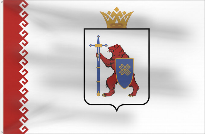Drapeau, avec deux œillets métalliques et guindant renforcé : Mari El	République des Maris ou Mari El 	Mari-El (o Cheremia) 	Republik Mari El	Mari El Repubblica	Мари Эл ялавĕ	Марий Элын тистыже	Государственный флаг Республики Марий Эл
