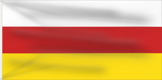 Flagge, mit zwei Metallösen und verstärktem Besatzband: North Ossetia	Republic of North Ossetia-Alania	North Ossetia-Alania	North Osetia-Alania	North Ossetia-Alania 	Nord-Alania	Цӕгат Ирыстоны тырыса	Флаг Северной Осетии