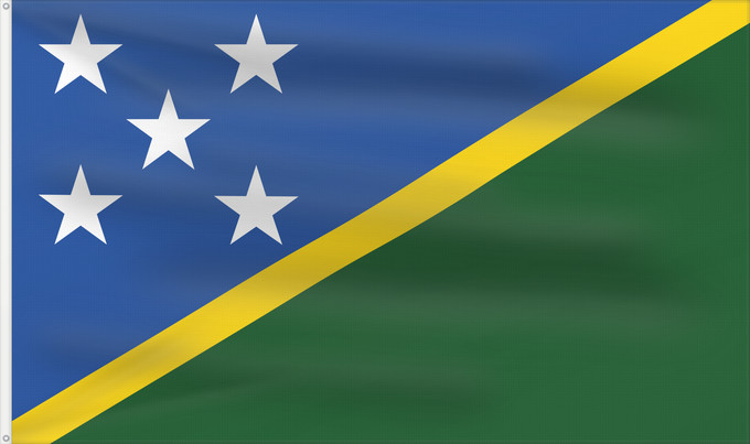 Bandera, con dos ojales metálicos y lado del asta reforzado: Solomon Islands îles Salomon Islas Salomón Salomonen Isole Salomone Salomonseilanden Ynysoedd Solomon Oileán Sholamón Brattagh ny h-Ellanyn Holomon Ynysow Salamon The Solomon Islands Salomonovih otokih