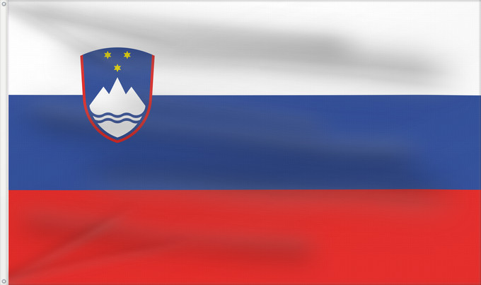 Bandera, con dos ojales metálicos y lado del asta reforzado: Slovenia	Slovénie	Eslovenia	Slowenien	Slovenië	Słowenii	Сцяг Славеніі	Slovenije	D Eslovènia	Slovinská vlajka	Флаг Словении	Прапор Словенії