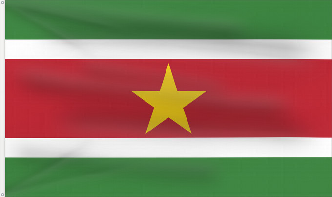 Flag, with two metal eyelets and reinforced hoist: Suriname Surinam সুরিনামের জাতীয় পতাকা Surinamo Fan Suriname सूरीनाम का ध्वज Bendéra Suriname Surinamiae Vun Surinam Unancha Surinam Styago Suriname Флаг Суринама Surinama Fraga fu den Ripoliku Sranan פאן סורינאםס