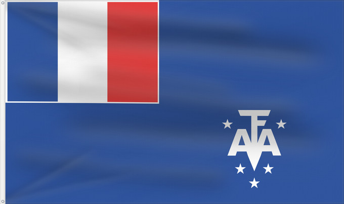 Bandera, con dos ojales metálicos y lado del asta reforzado: French Southern and Antarctic Lands	En French Southern and Antarctic Lands	Terres australes et antarctiques françaises	Administrador Superior de los Territorios Australes Franceses	Französische Süd- und Antarktisgebiete	Territori francesi meridionali	Fran