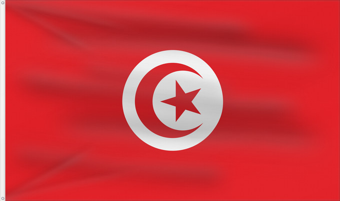 Drapeau, avec deux œillets métalliques et guindant renforcé : Tunisia Tunisie Túnez Tunesien Tunesië علم تونس তিউনিসিয়ার পতাকা। Tunísia Флаг Туниса Tunizije ⴰⵛⴻⵏⵢⴰⵍ ⵏ ⵜⵓⵏⴻⵙ